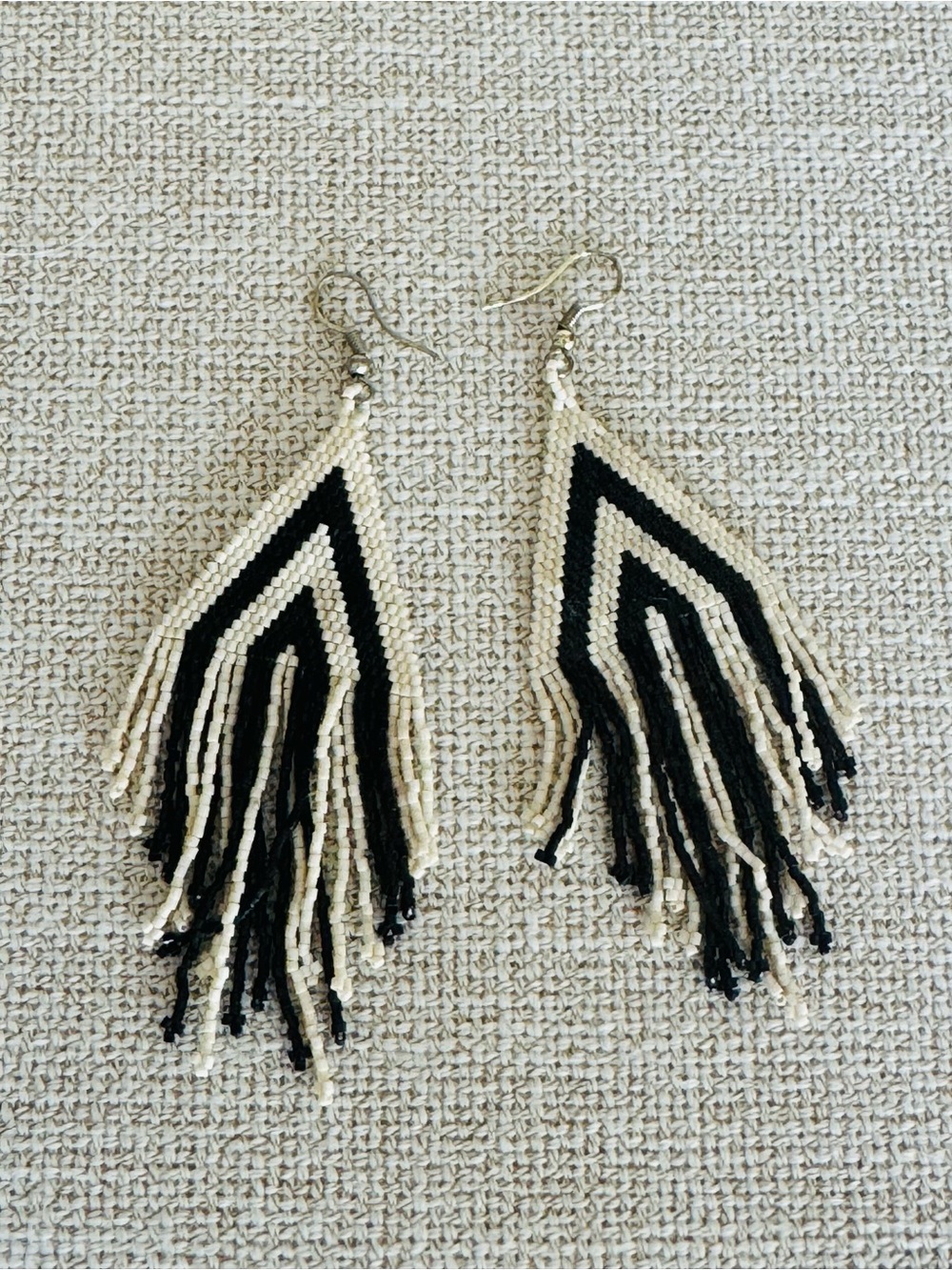 Handcrafted Black and Cream Beaded Fringe Earrings - Women Jewelry